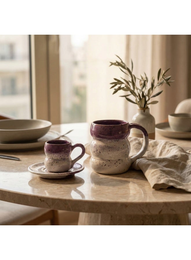 CASA HOME pottery mug and espresso cup with saucer, purple and white speckled coffee set for home kitchen or office desk - Image 2